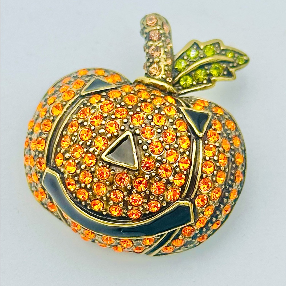 Heidi Daus Rhinestone Jack O Lantern Pumpkin Brooch Pin Halloween Fall Orange